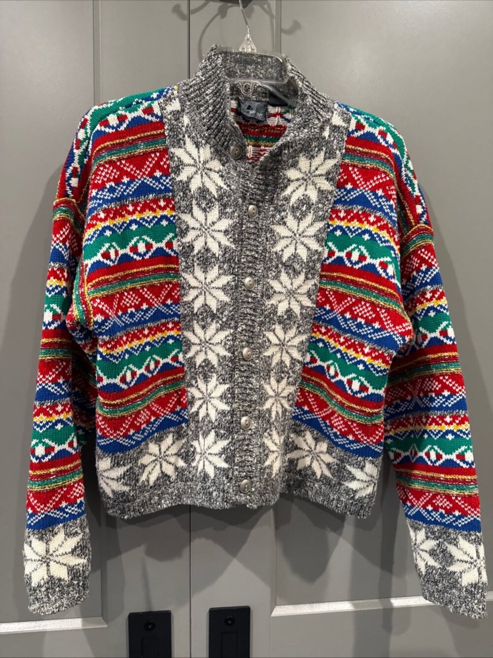 Vintage Chunky Fair Isle Cardigan Sweater Ski Nordic Snowflake Rainbow 90’s S/P